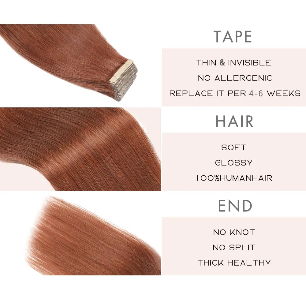 Наращивание волос на лентах «Tape Extensions Real Hair» 55 см, темно-красно-коричневый, 20 шт., 50 г от YDDM Yddm, 33A# — фото 3
