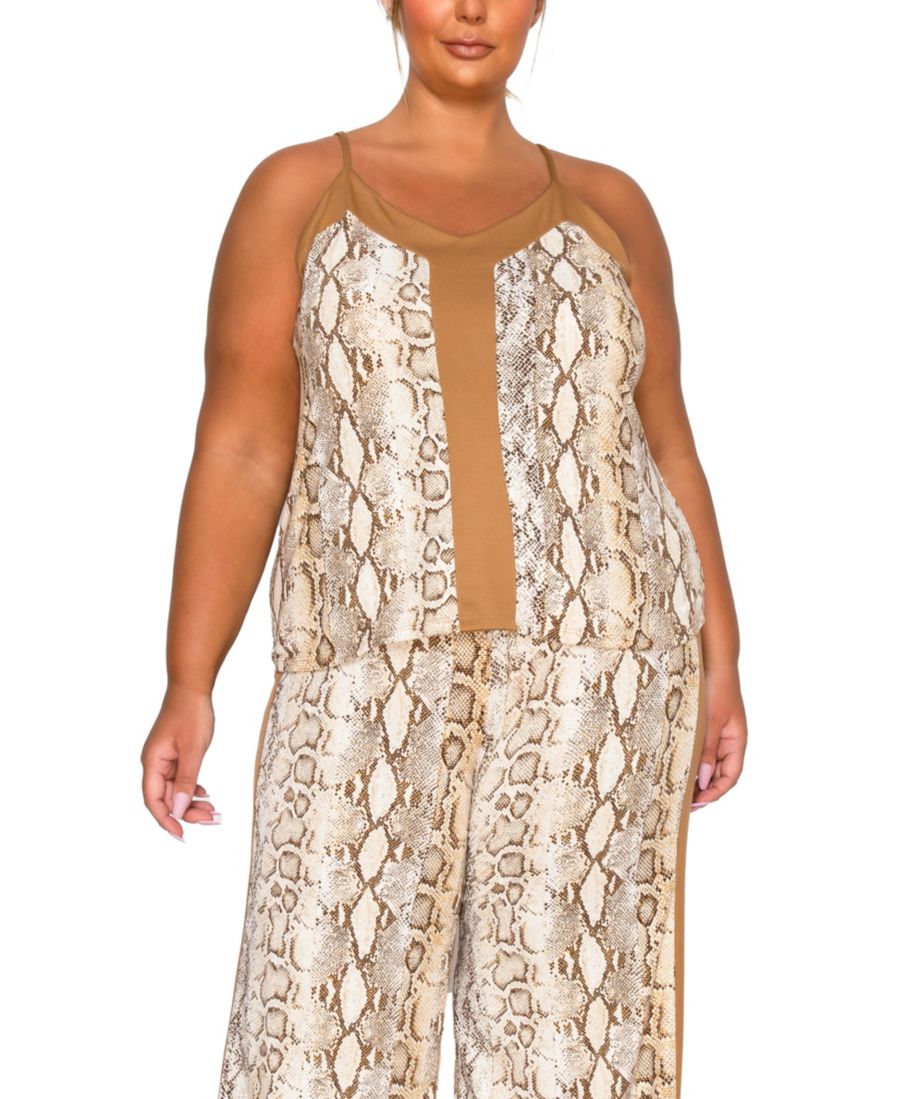 

Топ-майка большого размера с контрастными вставками из питона COIN 1804, Off White/Camel