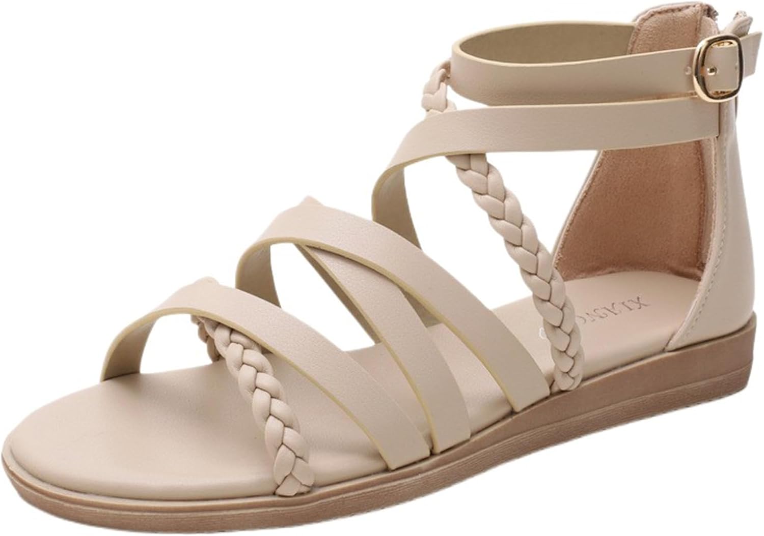 

Женские гладиаторские сандалии с ремешками, плоские сандалии-рыбаки с переплетенными ремешками, удобные с открытым носком и ремешком на щиколотке, летние пляжные гладиаторские туфли, римские плоские сандалии Generic, бежевый