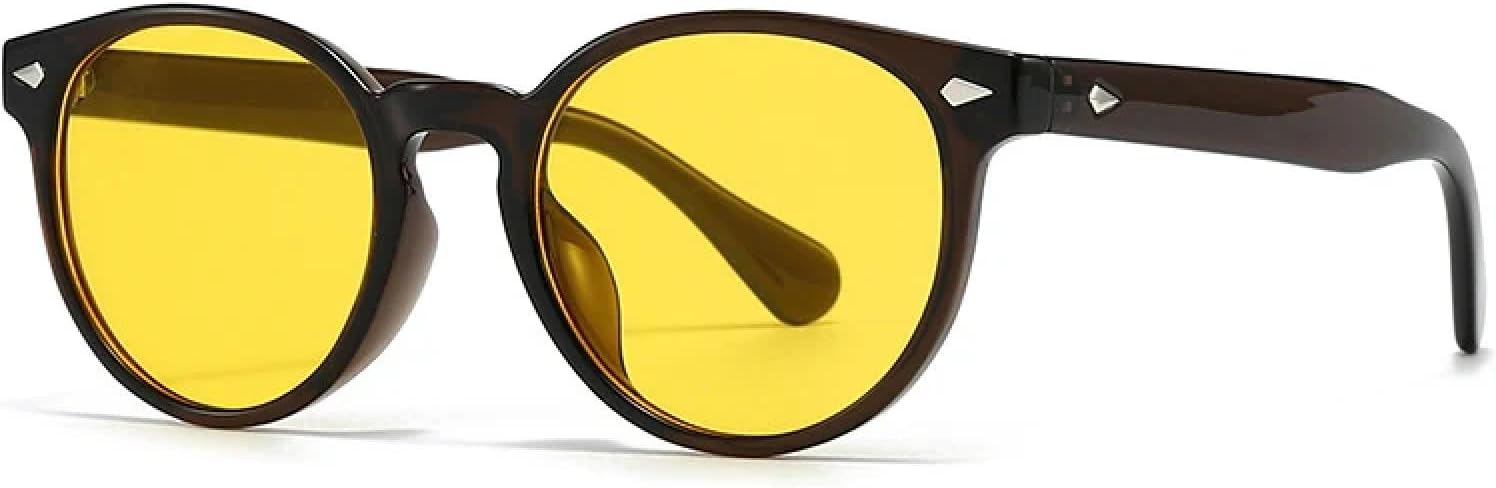 

Модные овальные женские солнцезащитные очки в винтажном стиле с заклепками, панк-стиль, мужские синие с желтыми линзами, защита от УФ-излучения UV400 VFDHN, Dark Brown Yellow