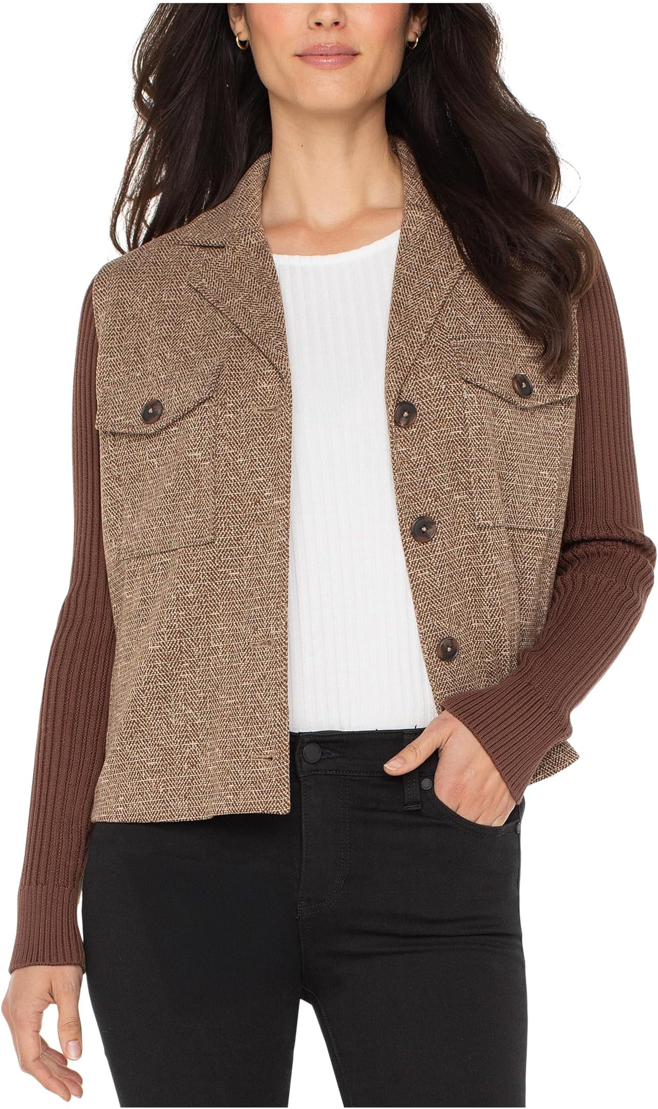 

Женская куртка с узором ёлочка и рукавами свитера Liverpool Los Angeles, Brown/Camel Herringbone