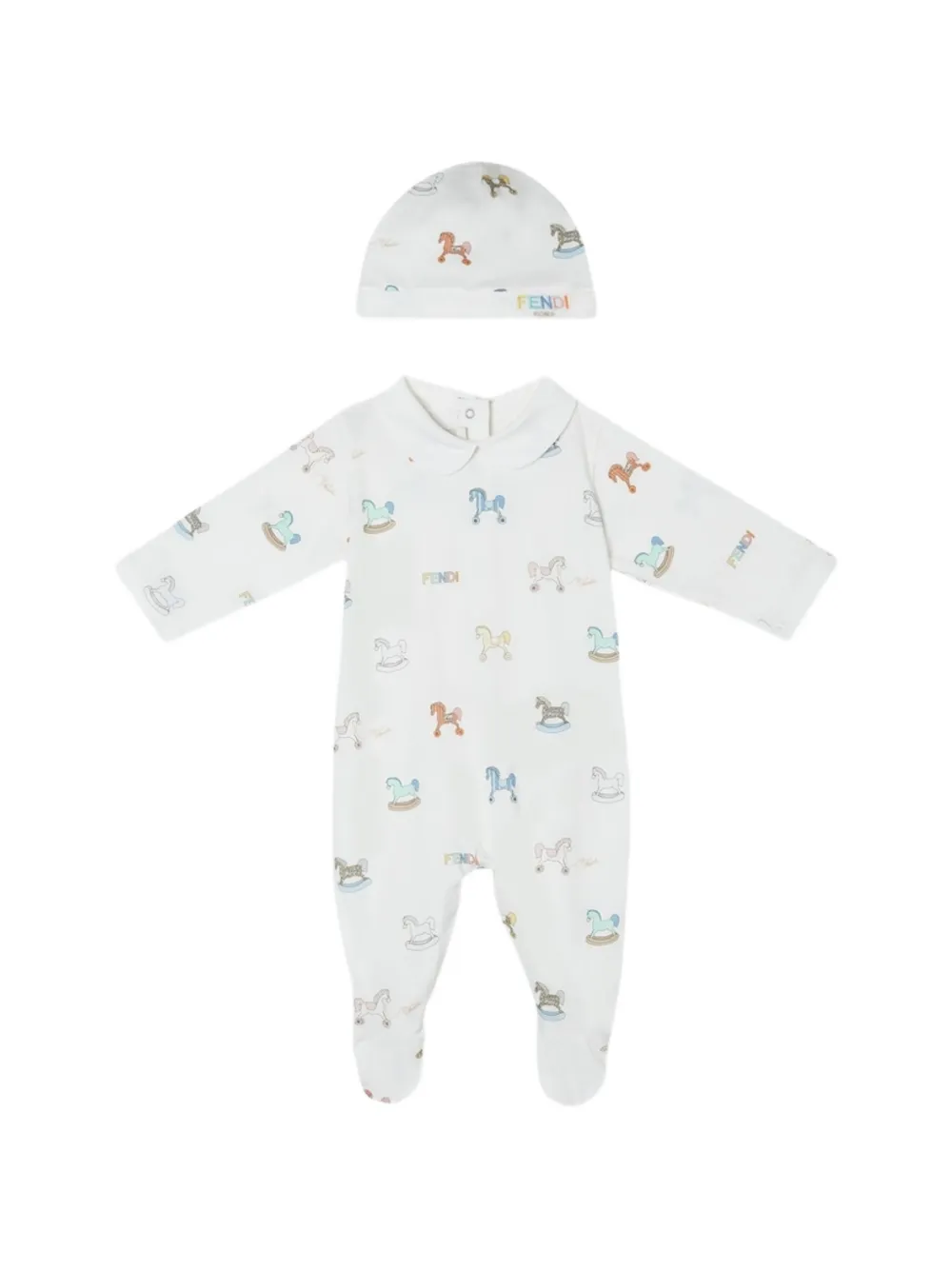

Комплект с колыбельной лошадкой и бодиком с воротником Fendi Kids, белый