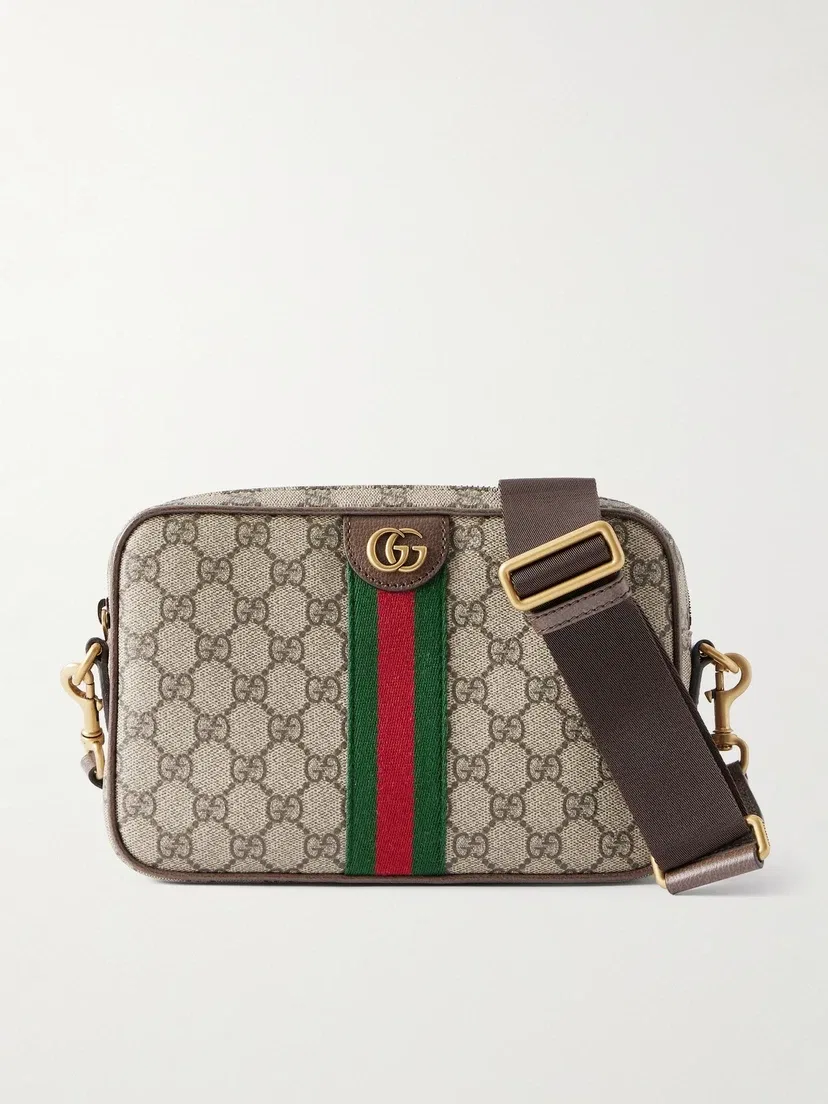 Сумка на плечо Ophidia из кожи и канвы с принтом и отделкой из тесьмы GUCCI, бежевый