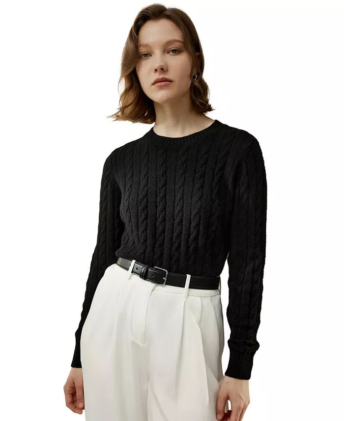 

Женский классический свитер с косами и ребристыми краями LILYSILK, черный