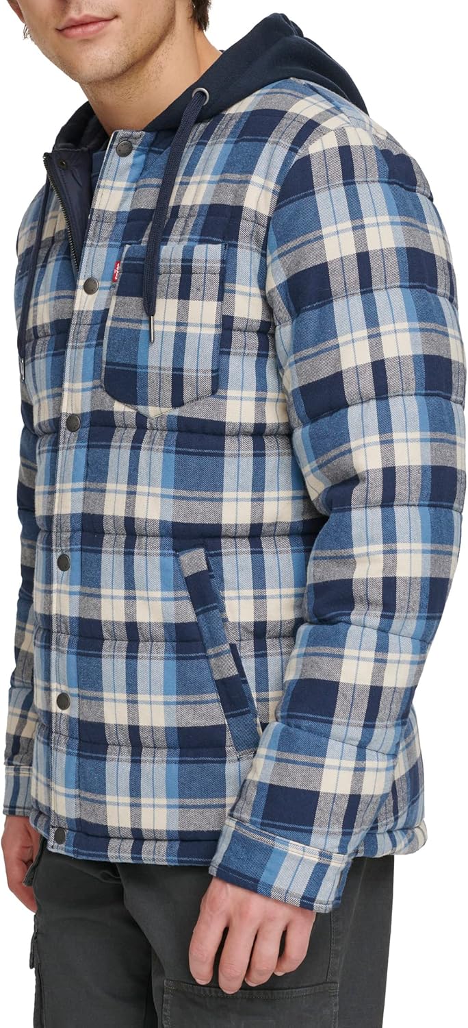 Мужская клетчатая куртка-рубашка Levi's с капюшоном и подкладкой из шерпы (стандартные размеры, большие и высокие), Navy/Blue Plaid — фото 3