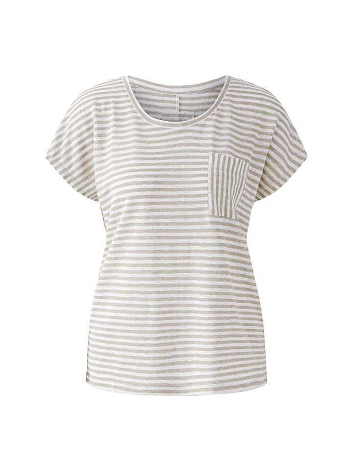 

Oui Льняная футболка бежево-белого цвета, Белый, Oui Льняная футболка бежево-белого цвета