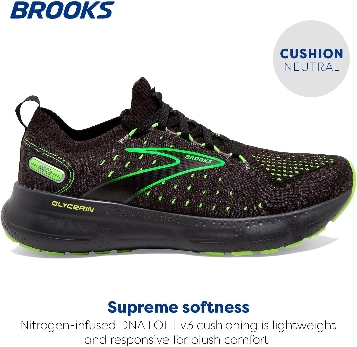 Мужские кроссовки Brooks Glycerin StealthFit 20 нейтральные для бега, черный/зеленый/жемчужный — фото 3
