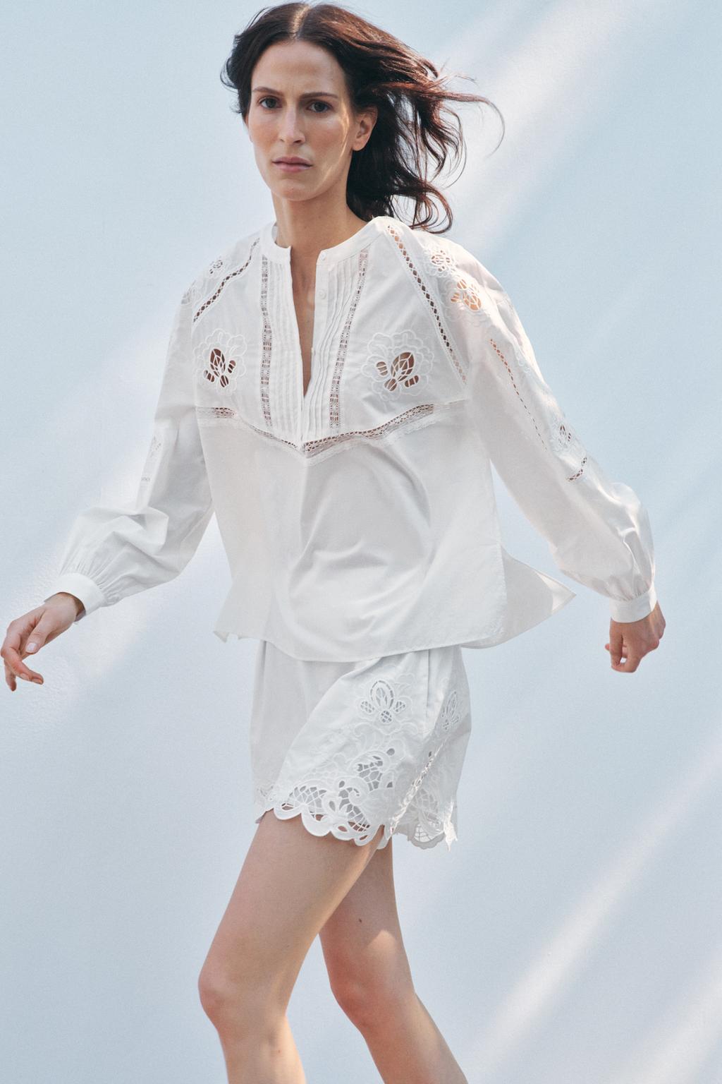 

Вышитая ажурная блузка ZARA, белый