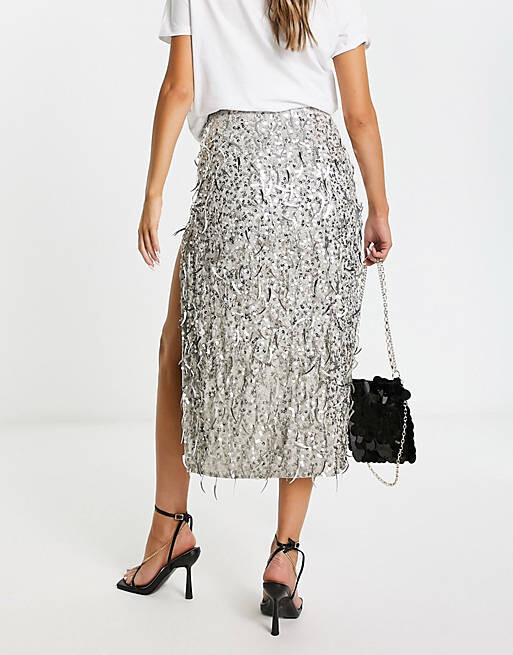 

Серебристая юбка миди с пайетками ASOS DESIGN