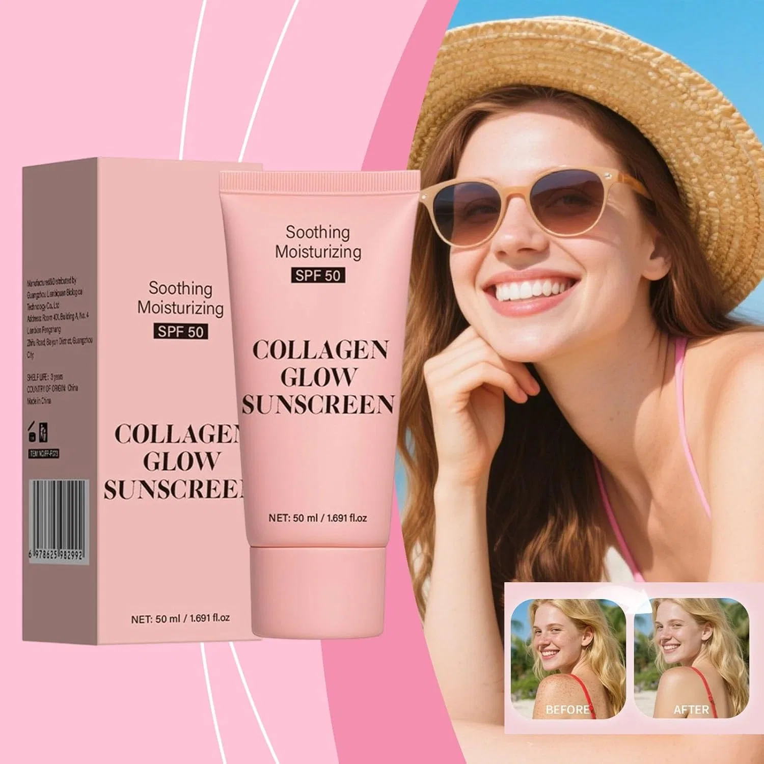 Солнцезащитный крем для лица с коллагеном SPF 50 Bainuai, 1 Piece. — фото 2