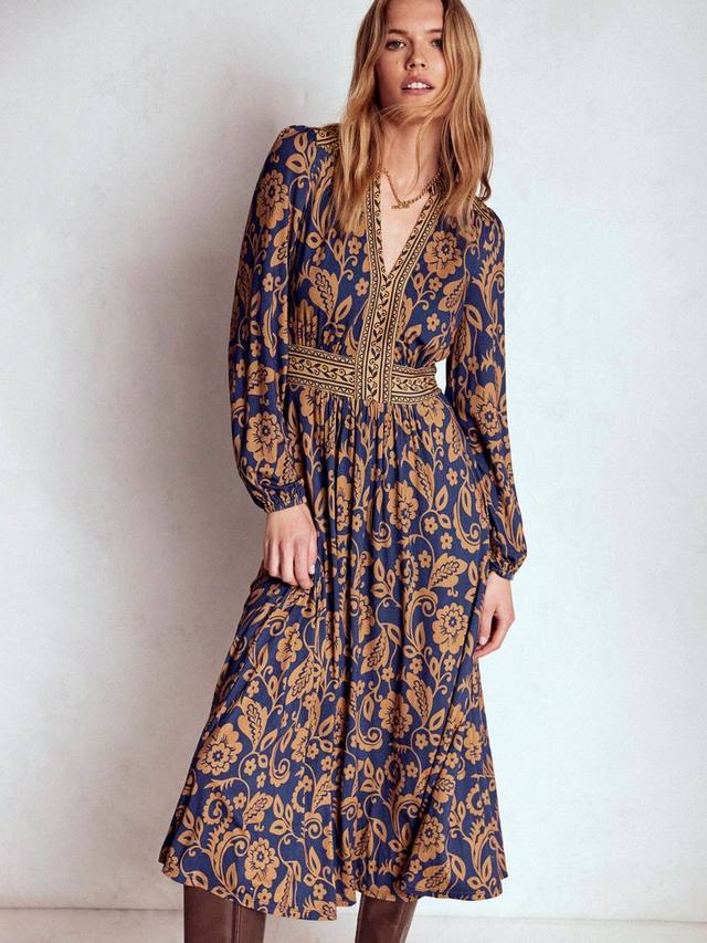 

Платье миди с длинным рукавом Lily Paisley с цветочным принтом из вискозы LENZING ECOVERO Boden, Navy/Multi