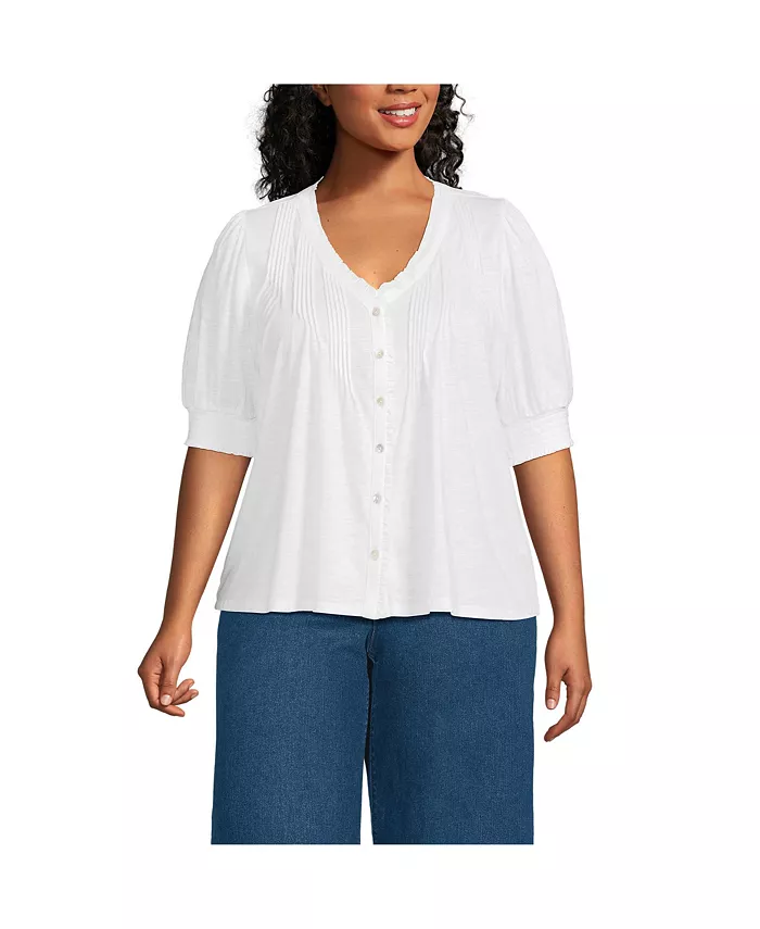 

Блузка с пуговицами, защипами и пышными рукавами Plus Size Lands' End, белый