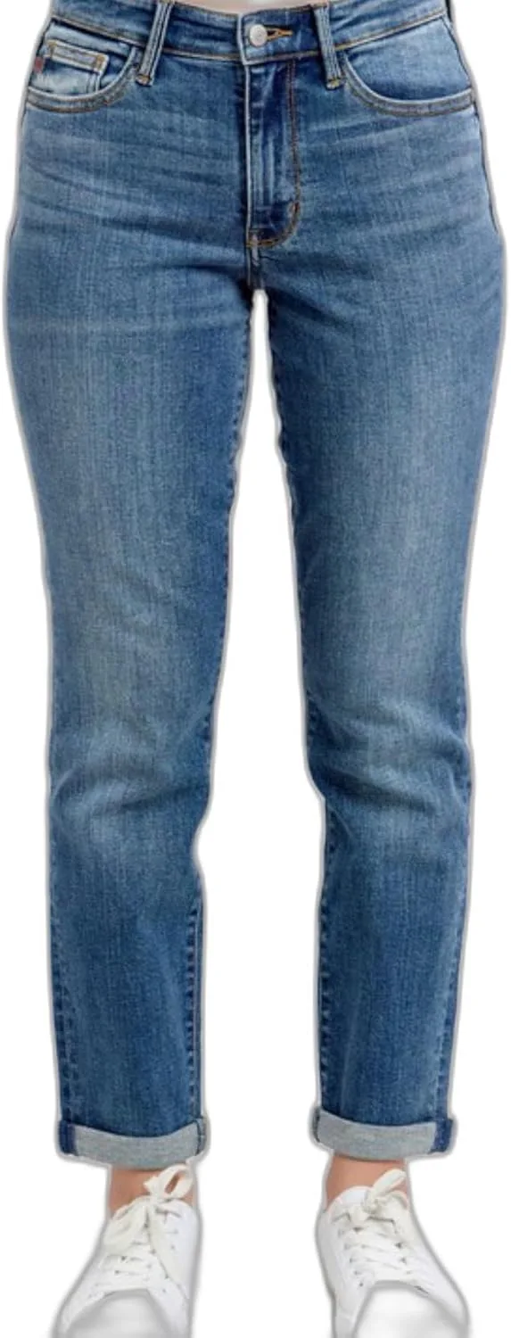 

Женские джинсы кэжуал прямые завышенные boyfriend с подвернутым краем medium blue vintage wash Yanhoo