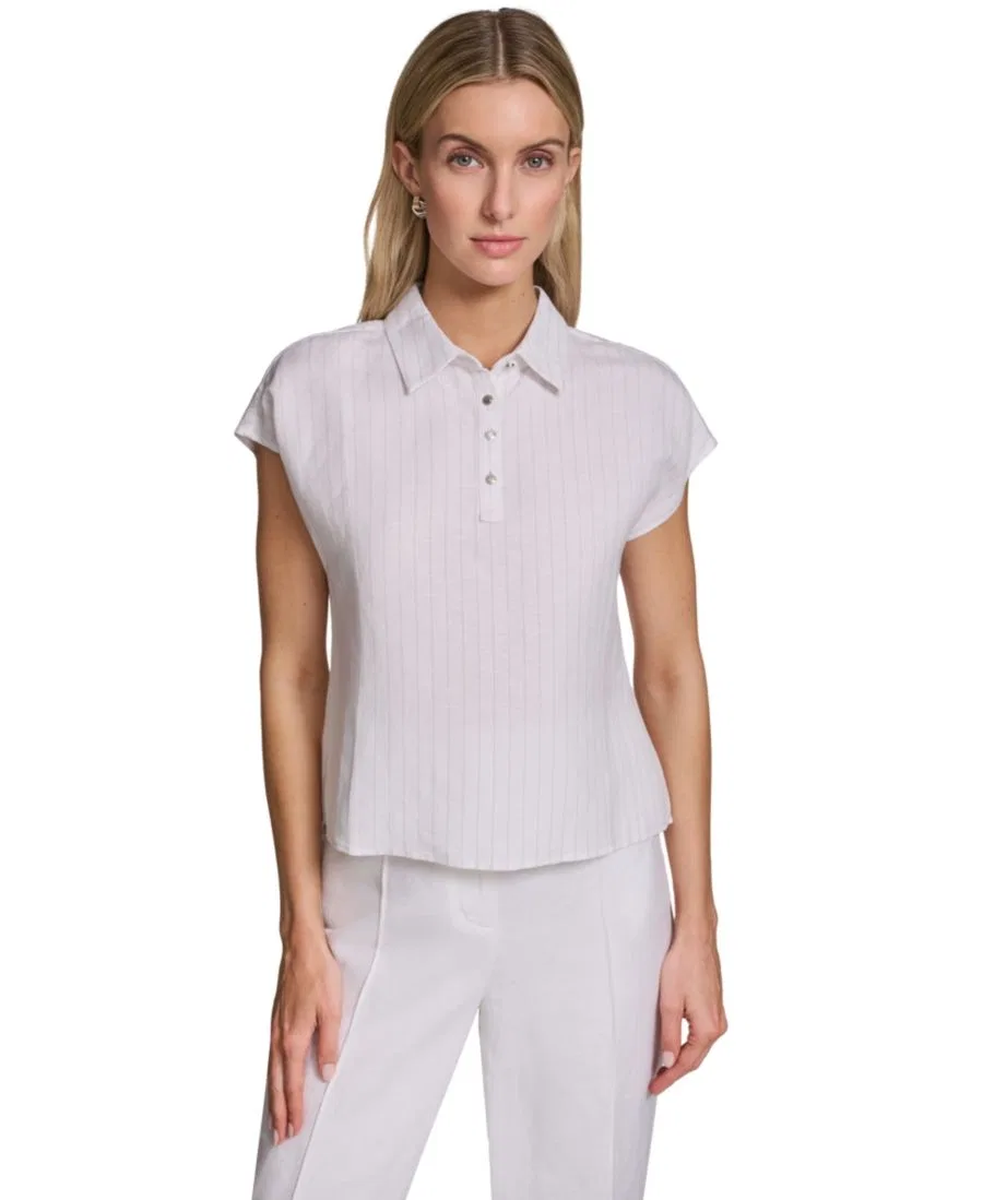 Короткая блузка с коротким рукавом и воротником Calvin Klein, бежевый/белый