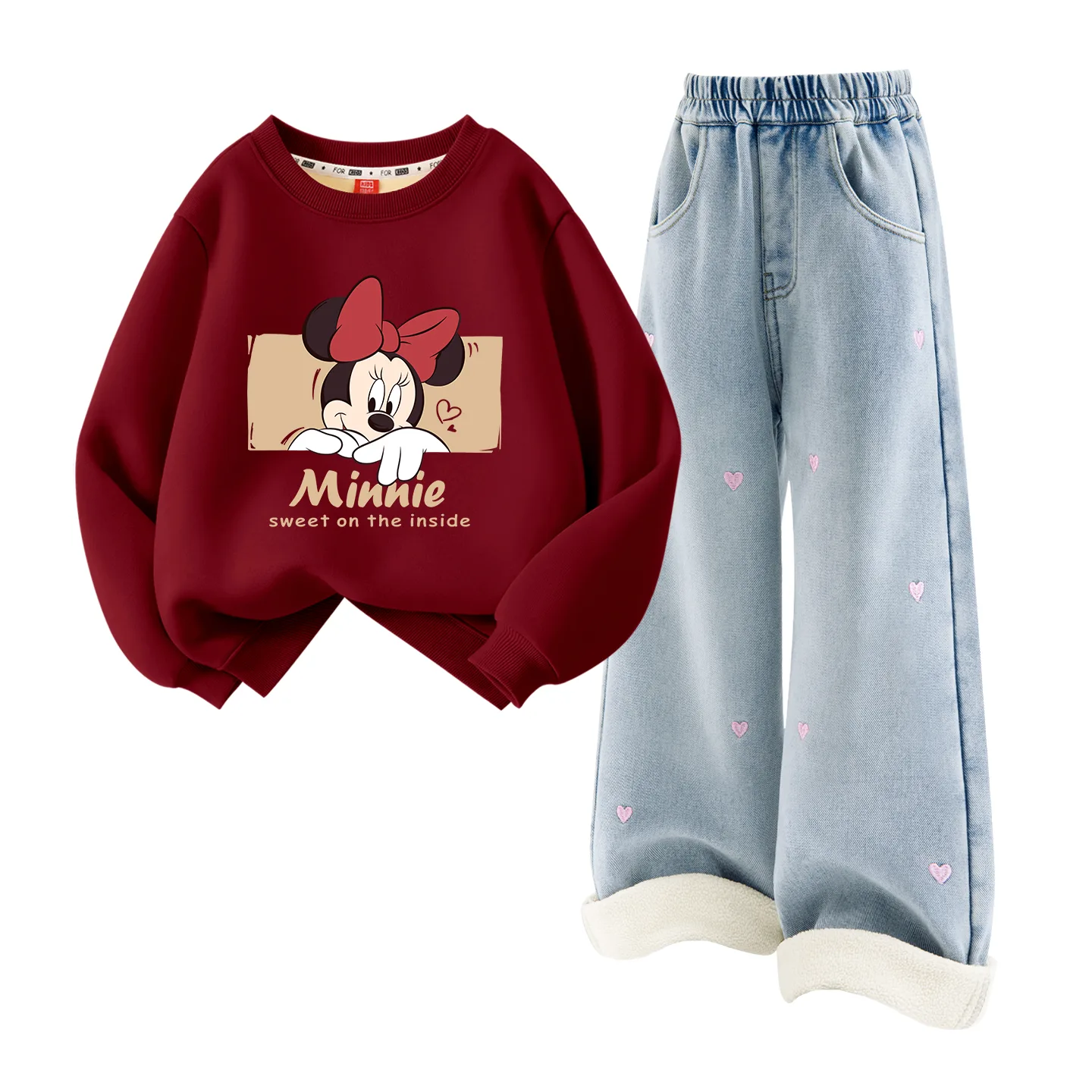 Детский спортивный костюм с круглым вырезом Disney, [Thickened and Fleece-Lined]Di Hidden Burgundy+Solid Color Denim Light Blue