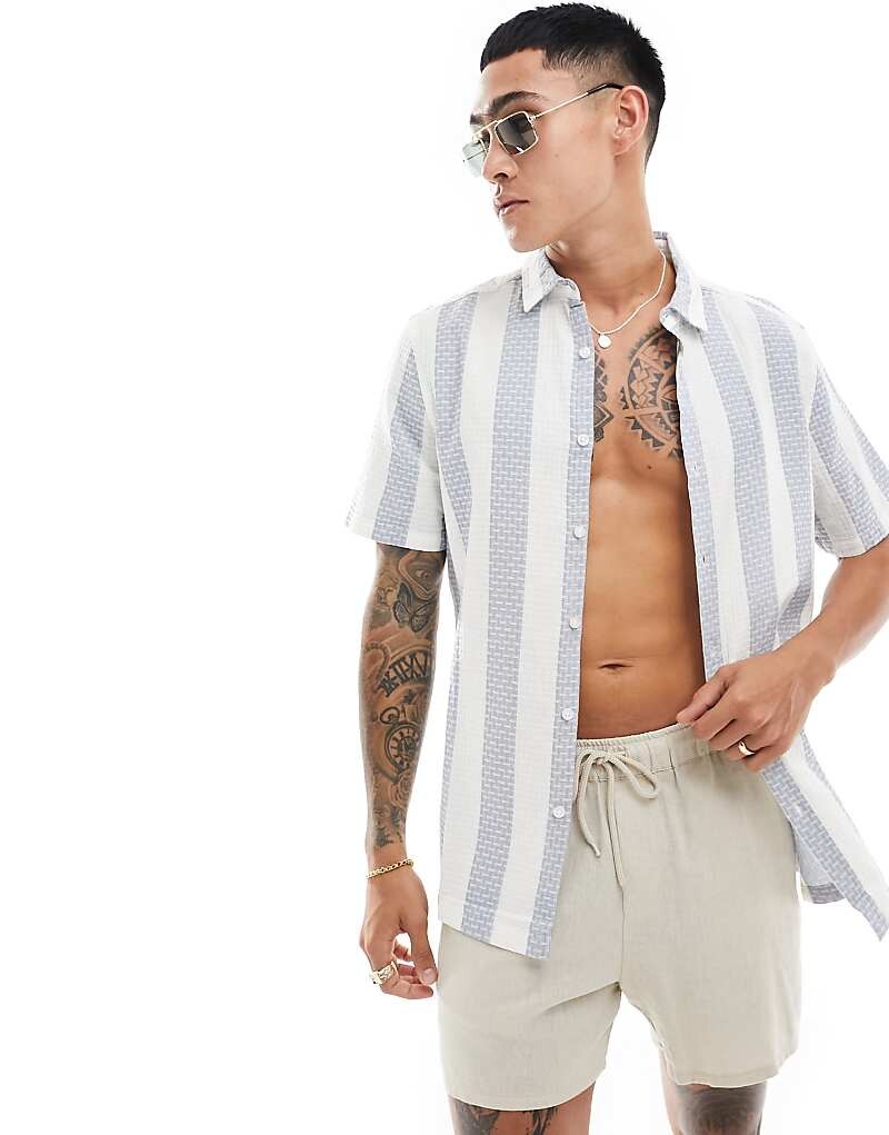 

Синяя рубашка в полоску из вафельной ткани ASOS DESIGN