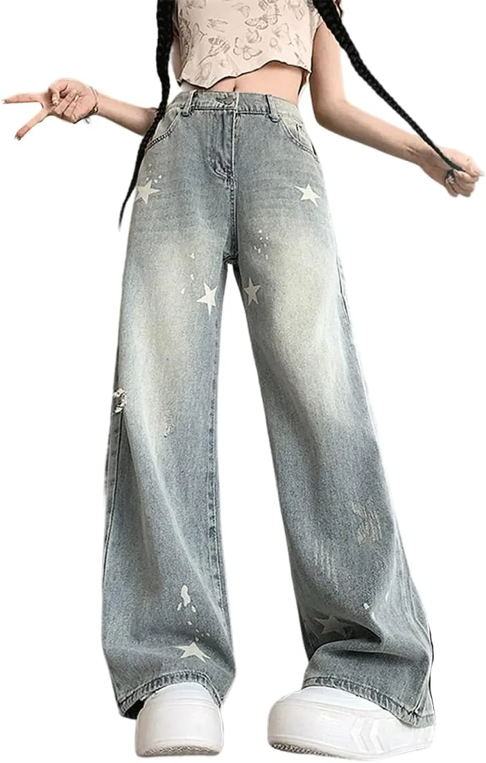 

Джинсы прямые широкие с высокой талией и звездным принтом RILGOU