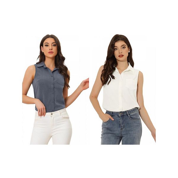 

2 упаковки джинсовой рубашки на пуговицах для женщин без рукавов с лацканами и v-образным вырезом Inspire Chic, White Grey Blue