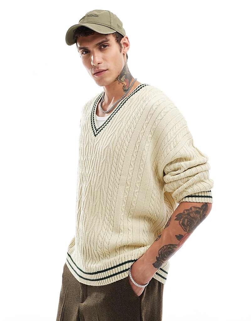 

ASOS DESIGN – кремовый свитер объемной вязки косой вязки с зеленой окантовкой