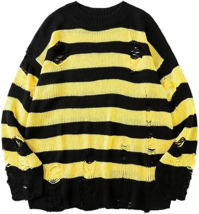 

Мужской полосатый свитер с V-образным вырезом, рваный, оверсайз Uohuangjia