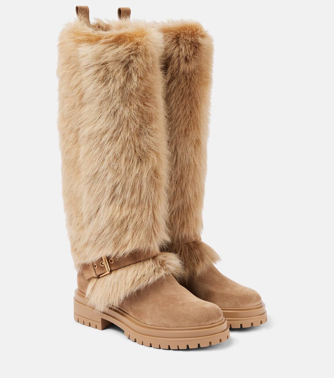 Замшевые сапоги с отделкой из овчины Gianvito Rossi, цвет camel+desert