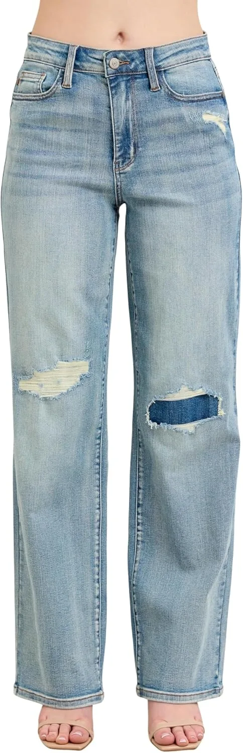 

Judy Blue женские джинсы прямого кроя с высоким поясом, потертости и заплатки на коленях
