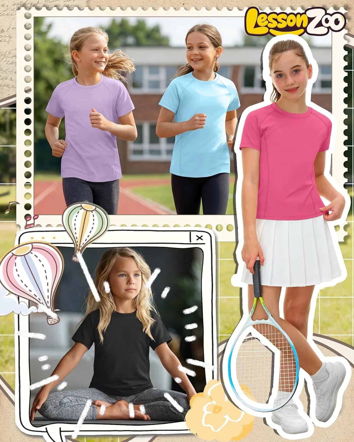 Комплект детских футболок для активного отдыха 4 шт, LessonZoo, Rose Red, Light Blue, Taro Purple, Black, размеры 5-14 лет — фото 3