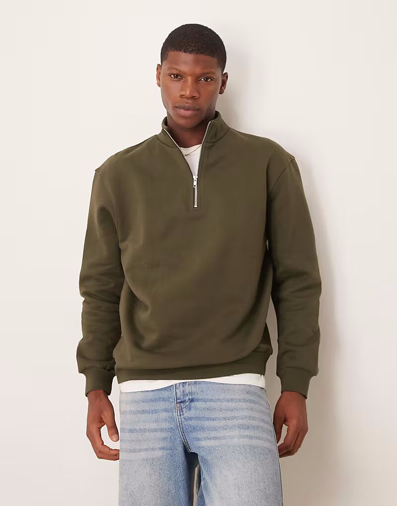 

Толстовка ASOS DESIGN премиум-класса с застежкой-молнией на четверть дюйма, плотностью 400 г/м², темно-зеленого цвета