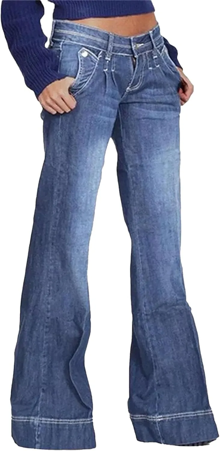 

Женские расклешенные джинсы с эластичным поясом и синей строчкой