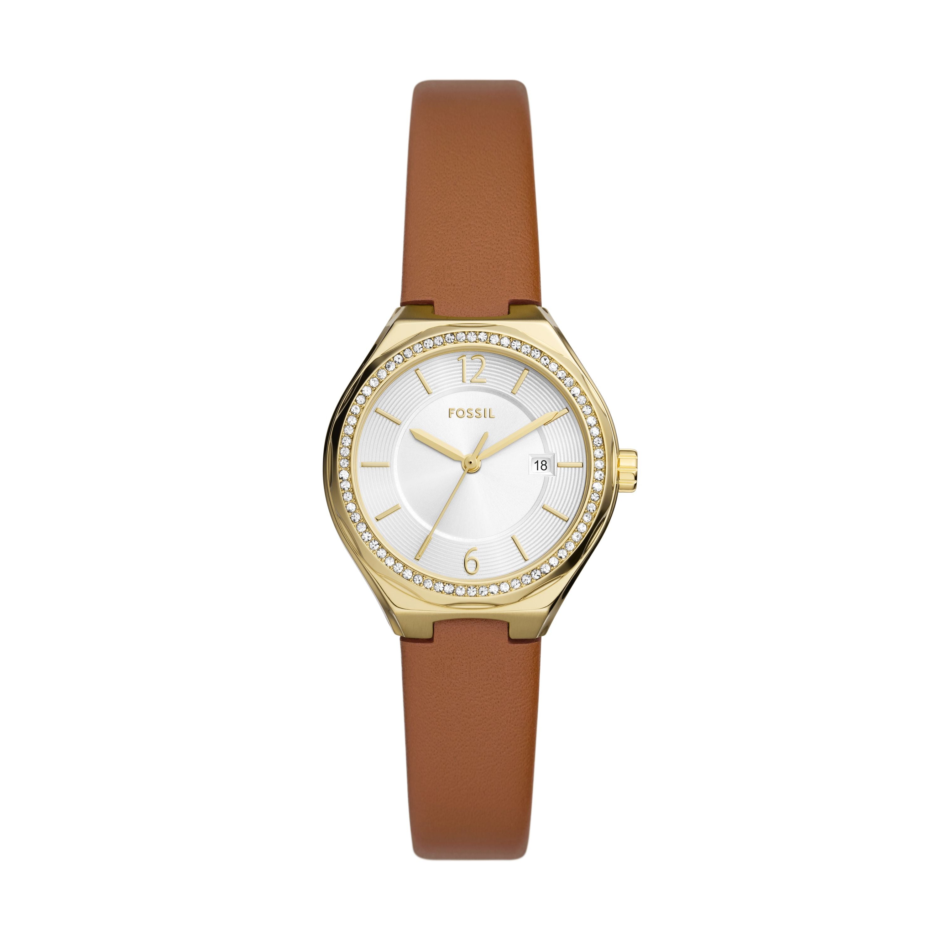 

Женские часы Fossil Eevie с тремя стрелками и датой, из нержавеющей стали золотистого оттенка, коричневый