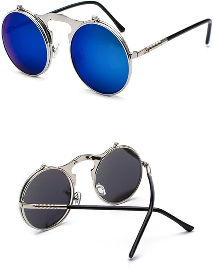 

Винтажные солнцезащитные очки в стиле стимпанк для мужчин и женщин, ретро, ​​круглая металлическая оправа, изогнутые дужки, защита от УФ-излучения UV400 MTZJH, 04 Silver-blue