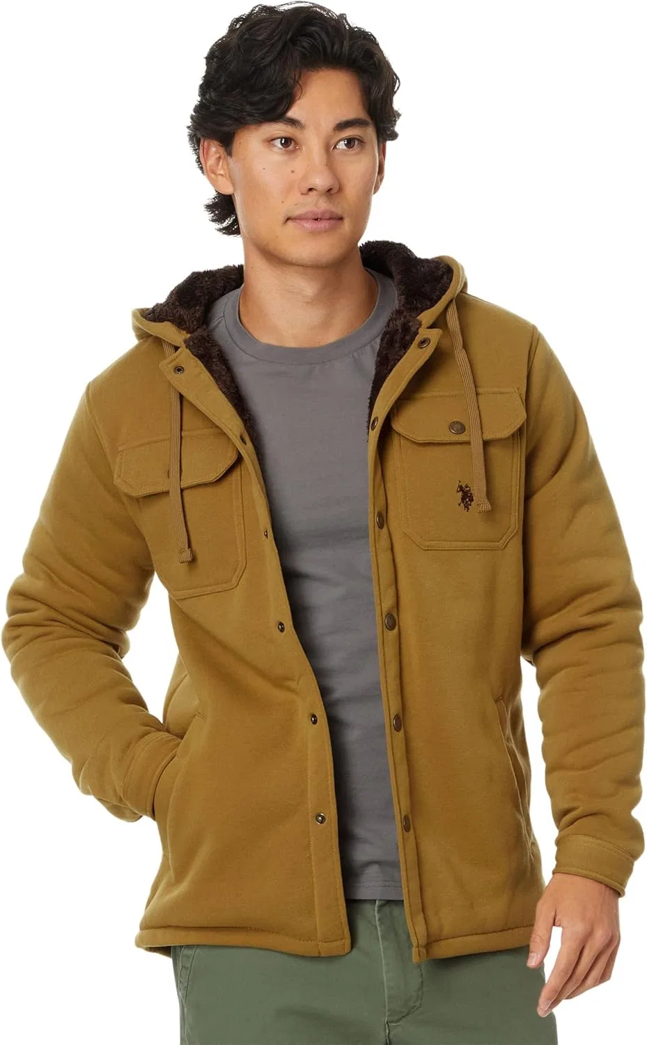 U.S. POLO ASSN. Мужская флисовая рубашка-куртка Sherpa с капюшоном, коричневый