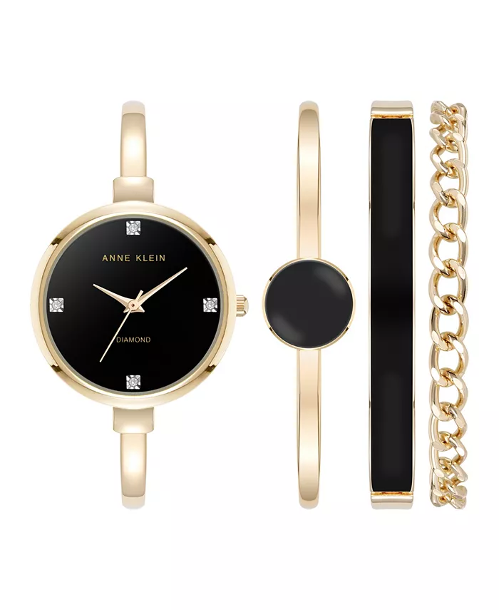 

Женский комплект из кварцевых часов с браслетом из черного эмалевого и золотистого металлического сплава, 32 мм Anne Klein