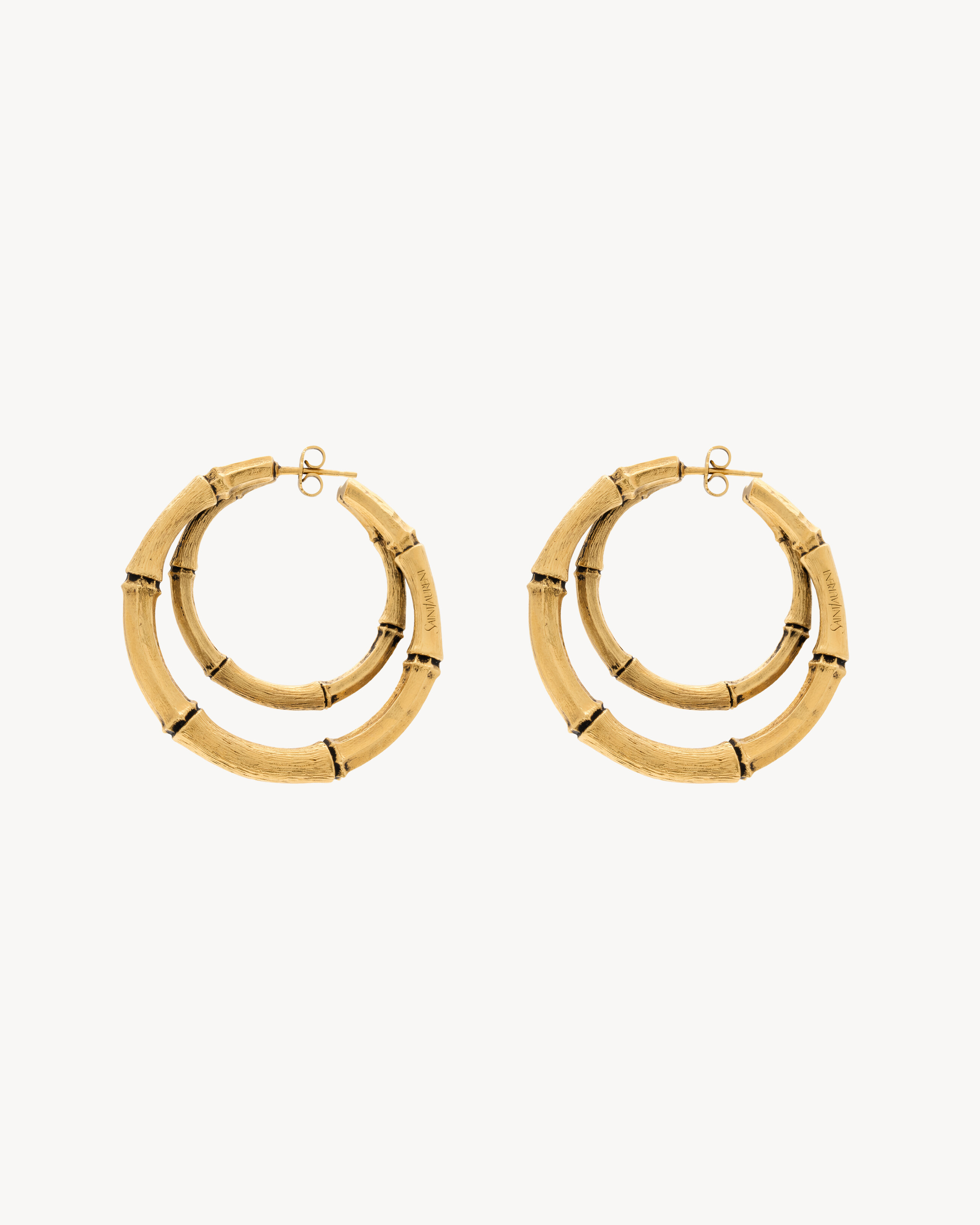 Серьги-кольца из металла с двойным бамбуковым дизайном Saint Laurent, золото — фото 2