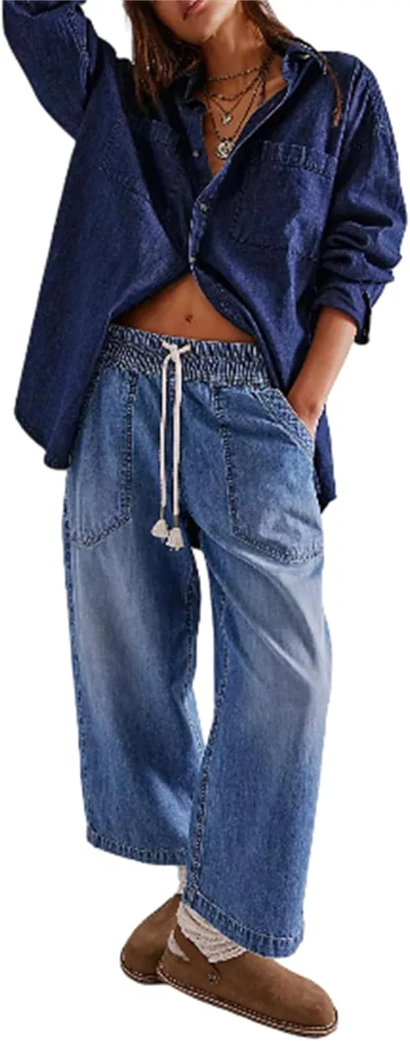 Джинсы свободные, Women's Drawstring Mid Waisted Wide Leg Jeans, Dark Blue