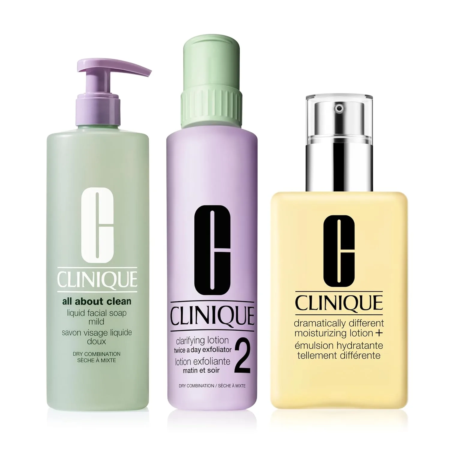 Набор Clinique 3-Step All About Clean: жидкое мыло для лица, очищающий лосьон-эксфолиант для лица и лосьон Dramatically Different Lotion+ для сухой и комбинированной кожи (большой размер)., Clear/Off White