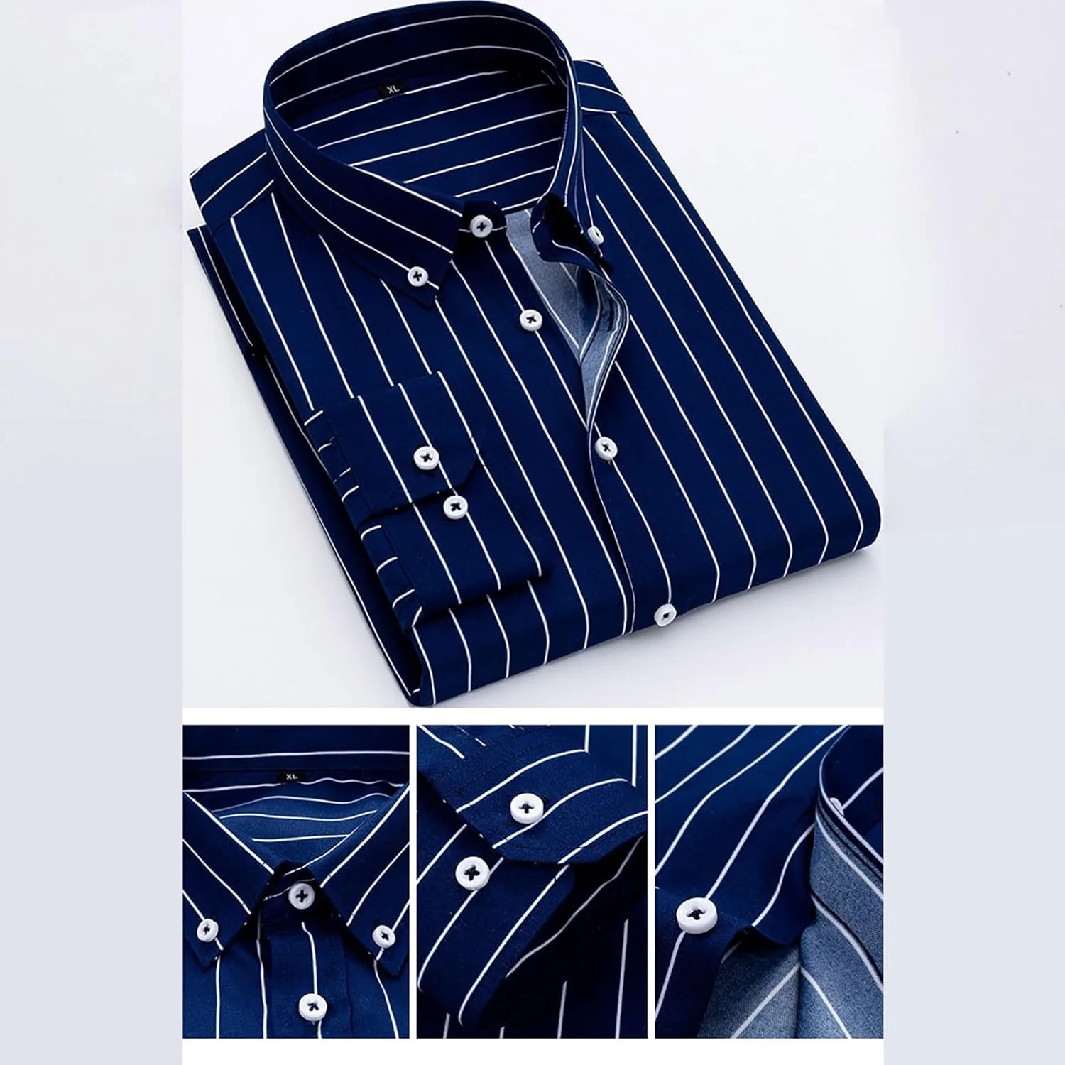 Мужская полосатая рубашка на пуговицах Casual Regular Fit, не мнется, с длинным рукавом, для делового формального стиля Generic, темно-синий — фото 3