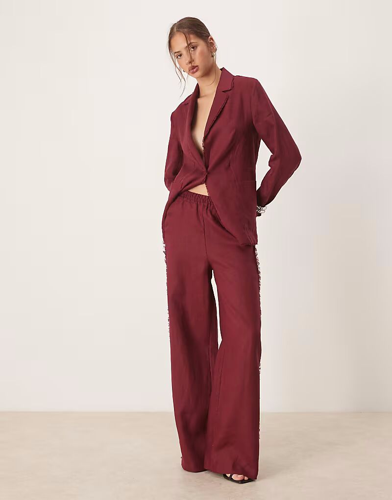 

Брюки Mango co-ord из 100% льна с бахромой по краям, темно-красные