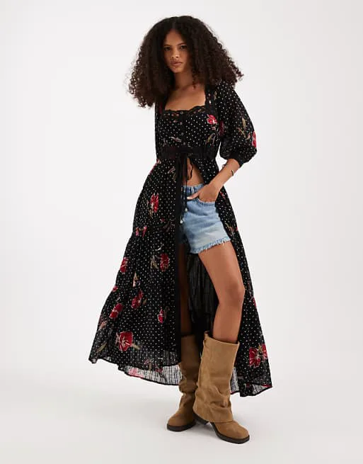 

Черное платье миди на пуговицах с цветочным принтом Free People Morning Meadors