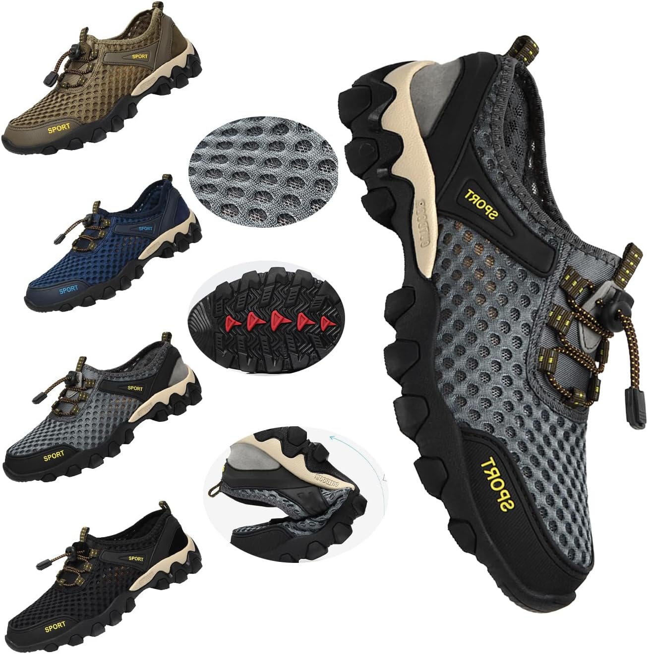 

Мужские быстро сохнущие походные кроссовки - дышащие сетчатые кроссовки с поддержкой свода стопы, водонепроницаемые нескользящие обувь для пляжа, треккинга, рыбалки и летних путешествий Generic, Gray-a