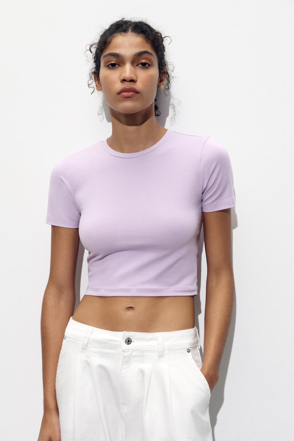

Укороченная эластичная футболка ZARA, цвет Lilac