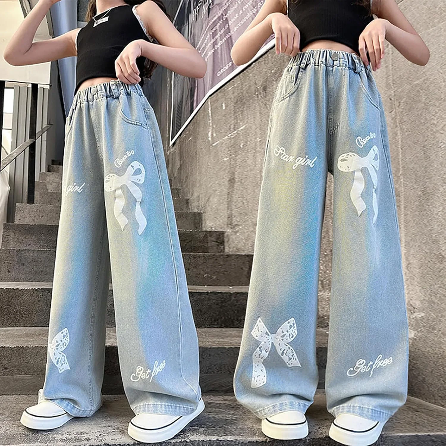 Джинсы для девочки Cute Preppy Y2k, широкие, с высокой эластичной талией — фото 2