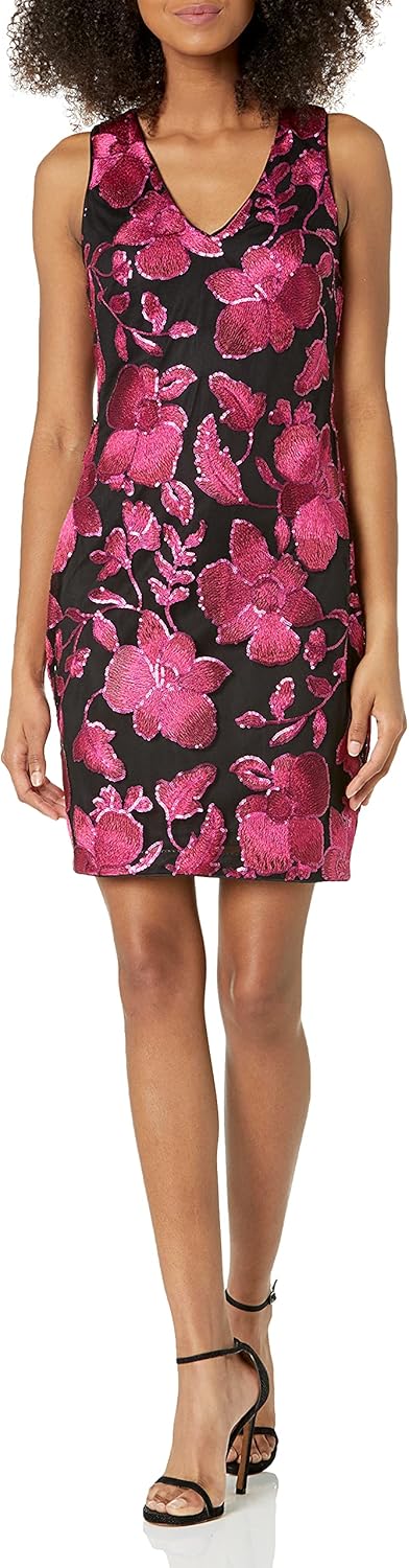 

GUESS Женское платье без рукавов с V-образным вырезом и цветами из пайеток, Black/Fuchsia