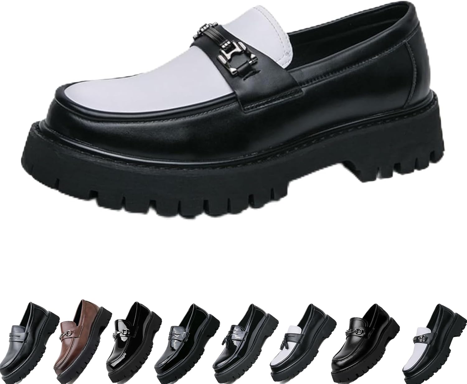 

Мужские лоферы на платформе из лакированной кожи, удобные, с противоскользящей подошвой, с круглым носком, стильные деловые туфли без шнурков для работы и повседневной носки Generic, белый/черный