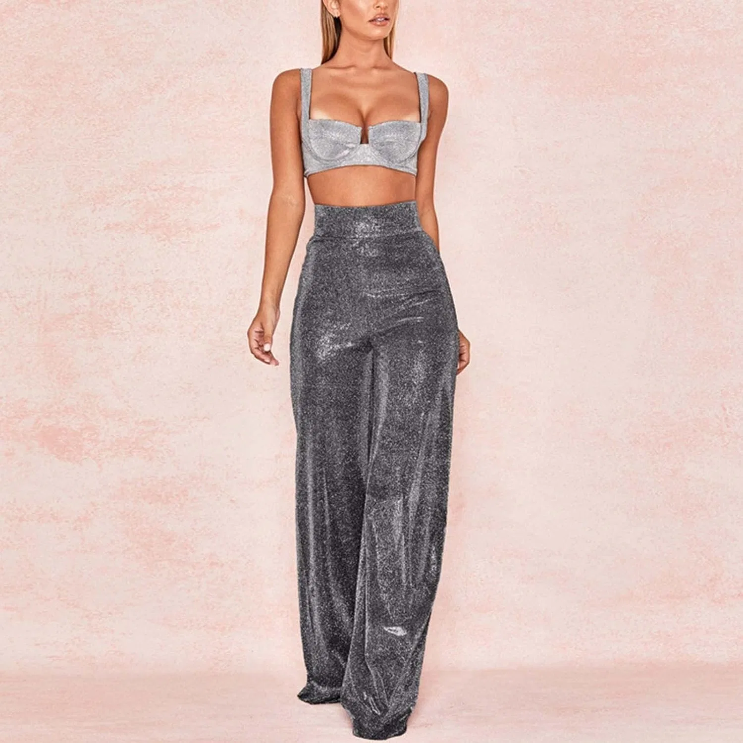 Женские широкие брюки Casual, высокая посадка, эластичные палаццо с блеском, расклешенные для клуба Generic, бронзовый — фото 4