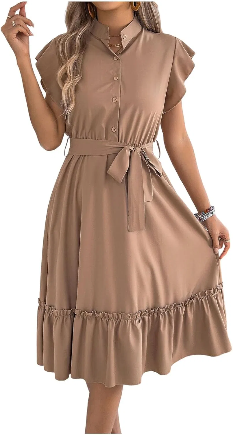 Женское платье с коротким рукавом, на пуговицах, с поясом, струящееся платье А-силуэта с оборками, макси-платье, полуформальное платье