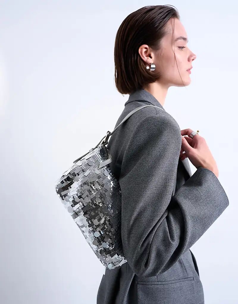 

Сумка Topshop Sol через плечо с пайетками и кожаной ручкой серебристого цвета