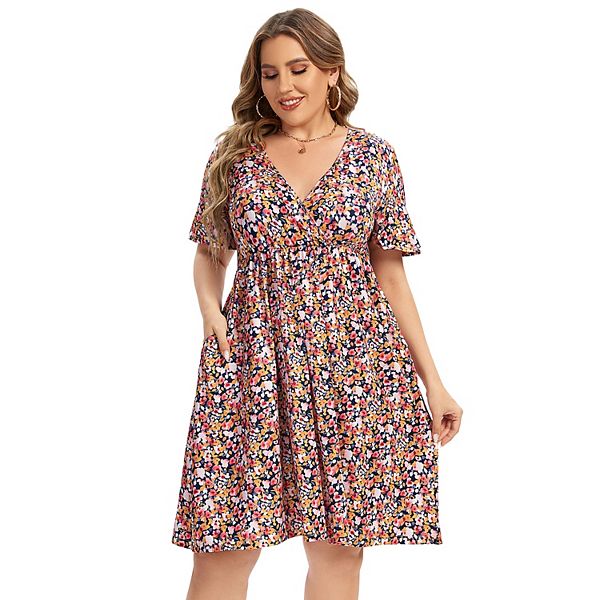 

Женское платье plus size с v-образным вырезом, цветочным принтом и карманом Seoria, Red Pink Flower