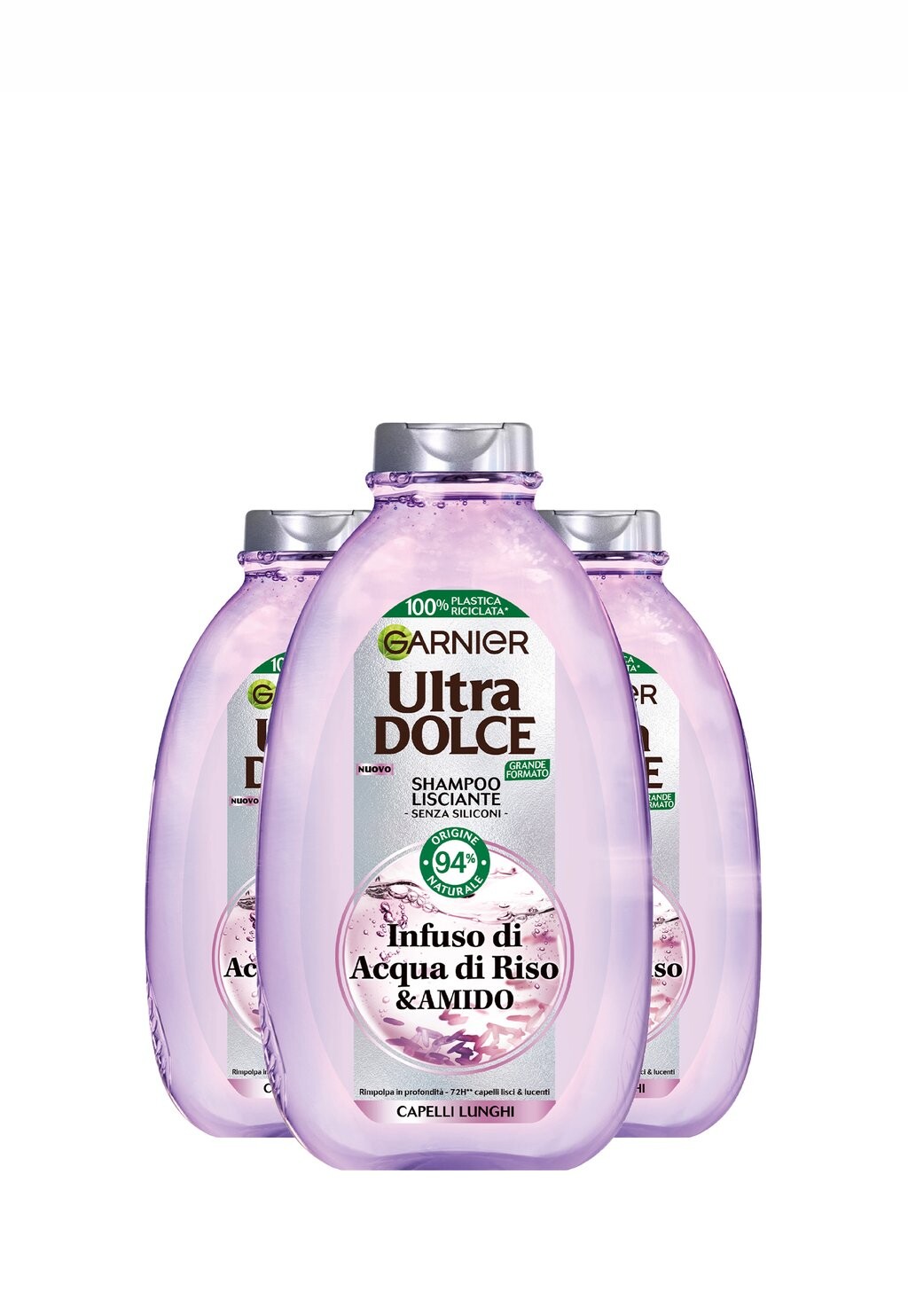 

3 ПАКЕТА Ultra Dolce Infuso Di Acqua Di Riso & Amido, Shampoo Lisciante, 94% Origine Naturale, Capelli Lunghi, Senza Siliconi, 400 Ml Garnier, Шампунь Garnier,