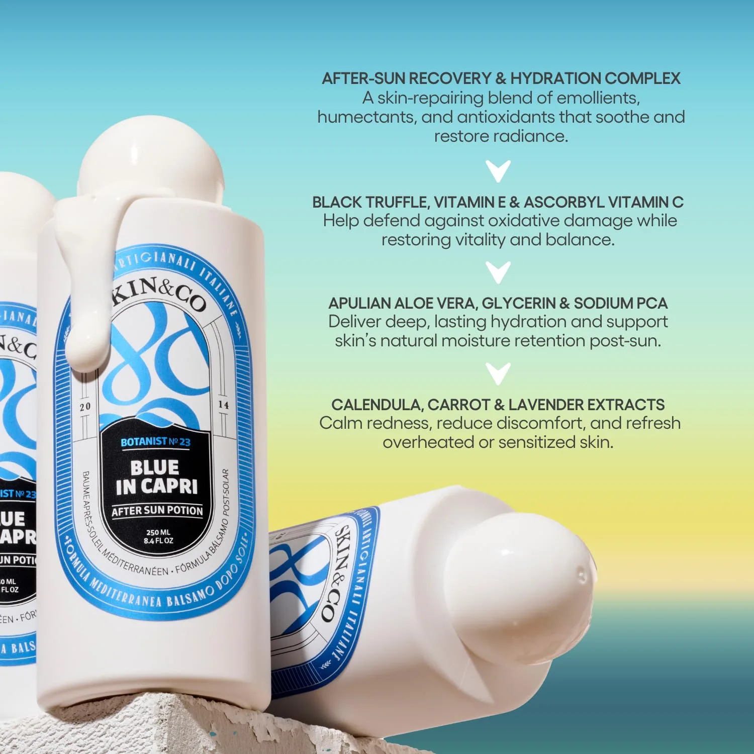 SKIN&CO Roma Blue в оттенке Capri After Sun Potion, успокаивающий бальзам для тела после загара с алоэ вера, маслом ши, маслом семян манго и средиземноморской травяной смесью, 8,4 жидких унции — фото 3